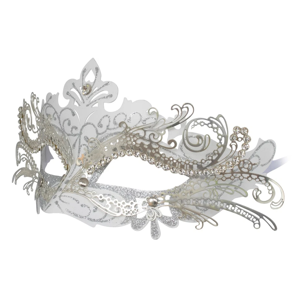 Silver Metal Lace Masquerade Mask | Venetian Silver Diamante Wedding Ball Mask - Image 4 of 4