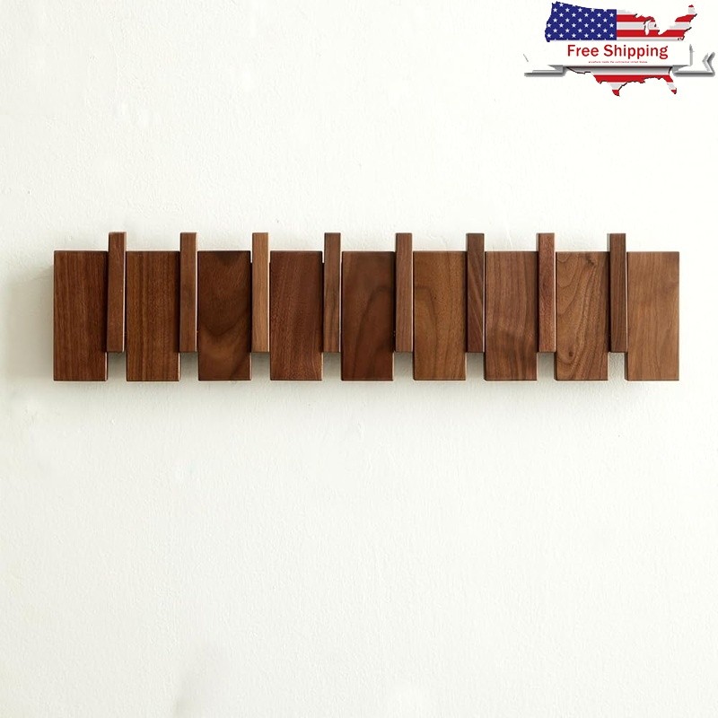 Handmade Wood Coat Rack Wall Mount Solid Walnut Piano Keys Design Space Saving