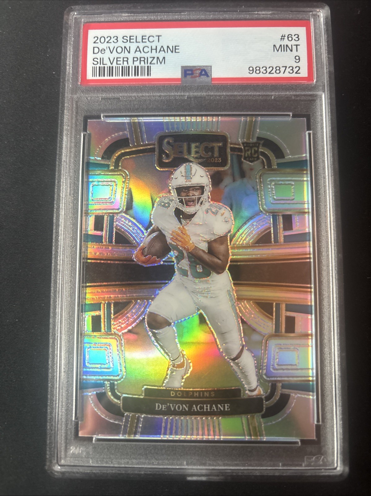 2023 Panini Select De'Von Achane Concourse Silver Prizm Rookie RC #63 PSA 9
