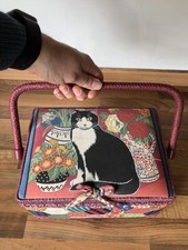 Vintage Tapestry Patchwork Cat Sewing Basket with Threads and Accessories etc