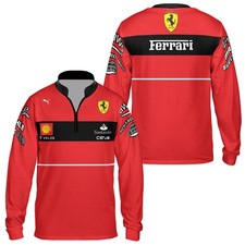 NEW Custom Name Men's Ferrari Logo 3D Red Black Zip Long Sleeve Shirt - All Size