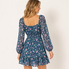 NWT Trixxi Girl Juniors M Floral Mini Dress Blue Long Sleeve Square Neck Boho