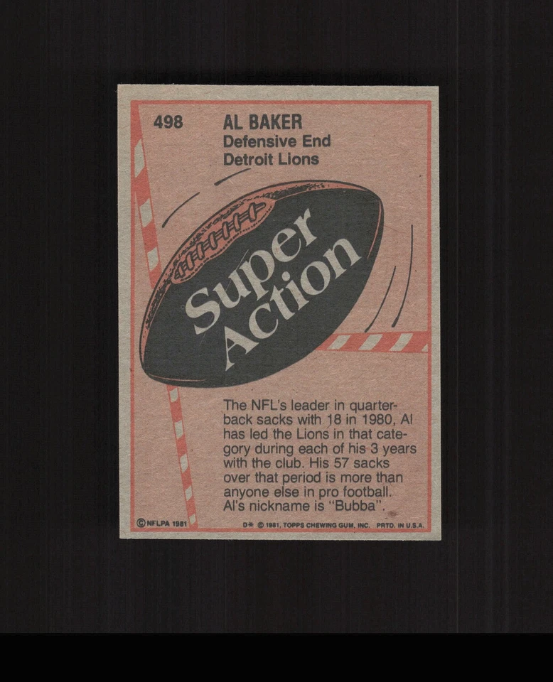 1981 Topps #498 Al Baker Football Card Detroit Lions - Image 2 of 2