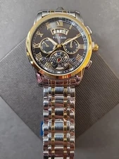 Fourron Men's Luxury Silver And Gold Watch With Black Dial 9 1/4 Inch Band 