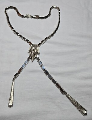 Vtg. Statement Necklace, Modernist, Box Chain, Tassel Ends, Silvertone, Laria
