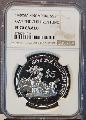 1989 SINGAPORE SILVER 5 DOLLARS S$5 SAVE THE CHILDREN FUND NGC PF 70 CAMEO