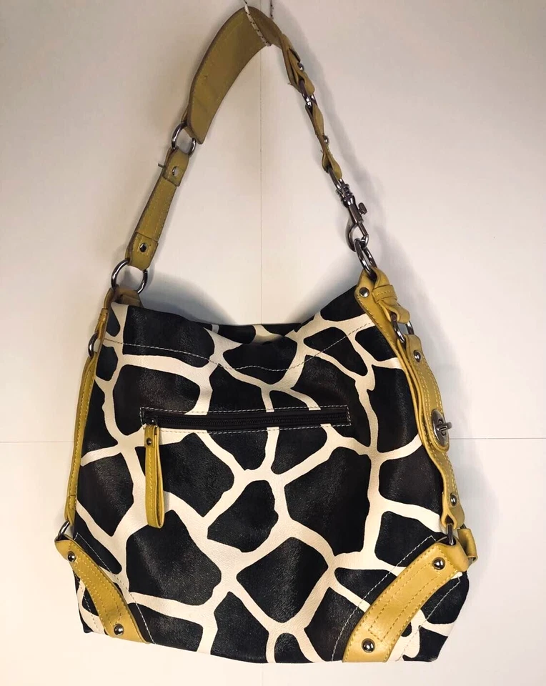 Bolso de Hombro Estampado de Jirafa Cremallera Frontal Marrón Estampado de Animales Correas de Cuero