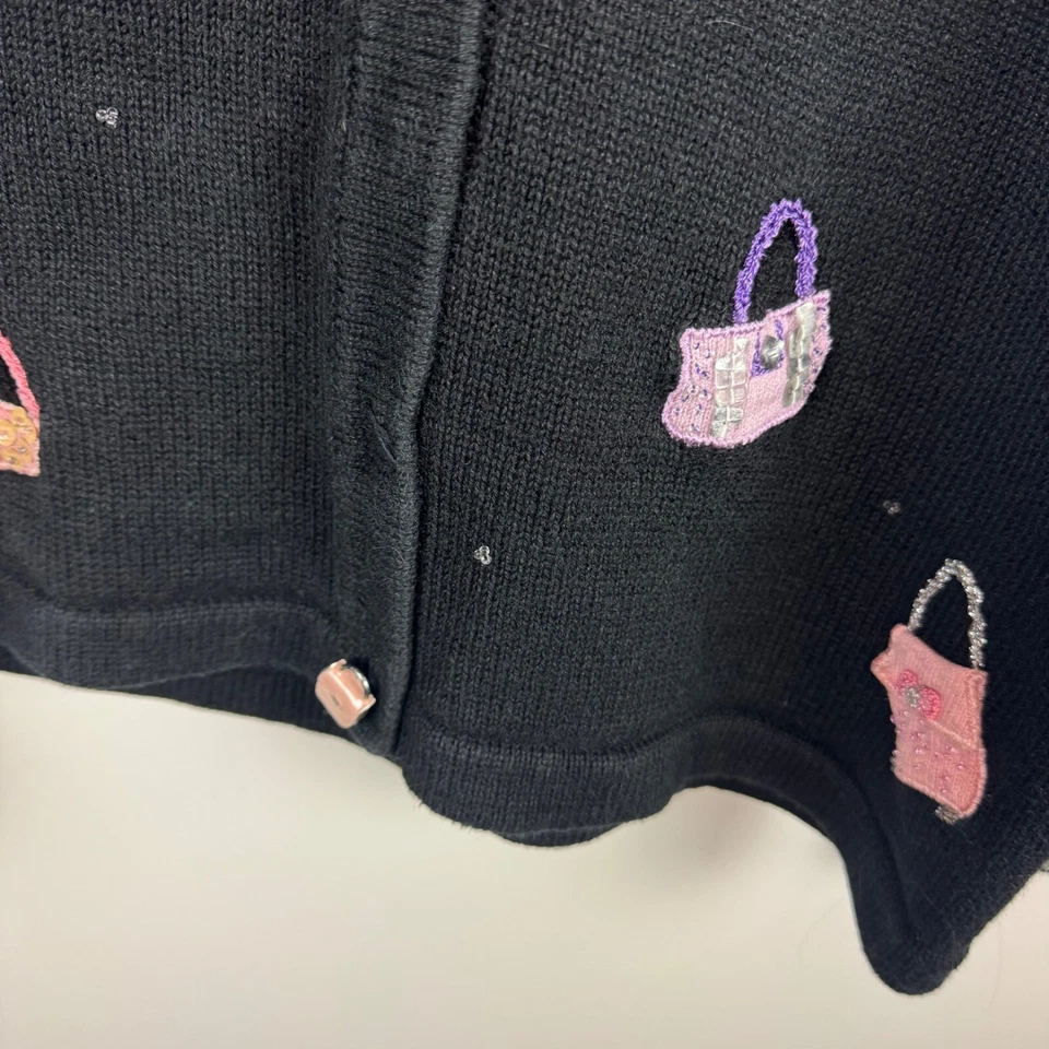 Storybook Knits Womens Embellished Cardigan Sz Large Black Jeweled Handbag Purse - Image 2 of 4
