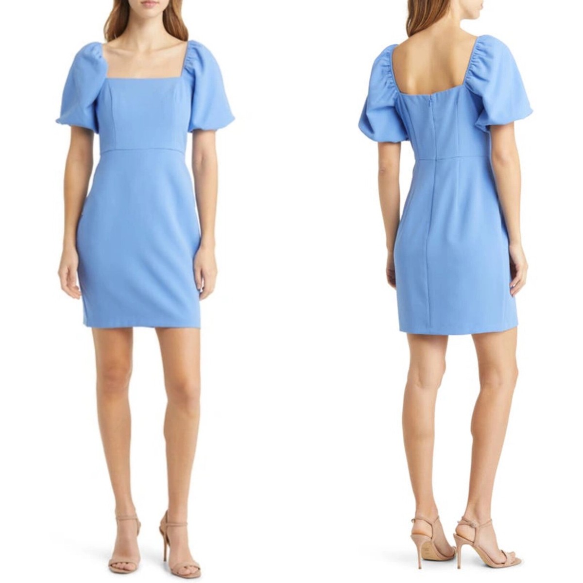 NEW ELIZA J Periwinkle PUFF SLEEVE Square Neck CREPE Sheath MINI