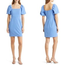 NEW ELIZA J Periwinkle PUFF SLEEVE Square Neck CREPE Sheath MINI DRESS 6