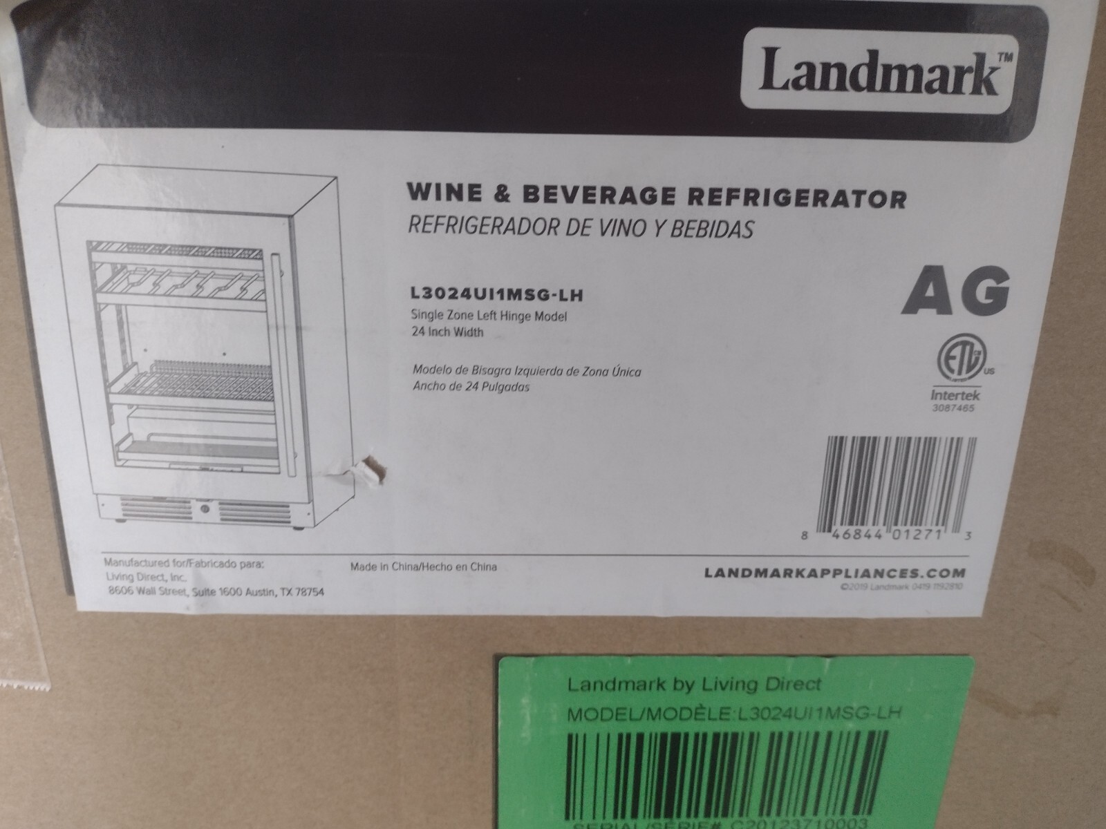 Landmark L3024UI1MSGLH 24" BuiltIn/ Stand Beverage Cooler Stainless