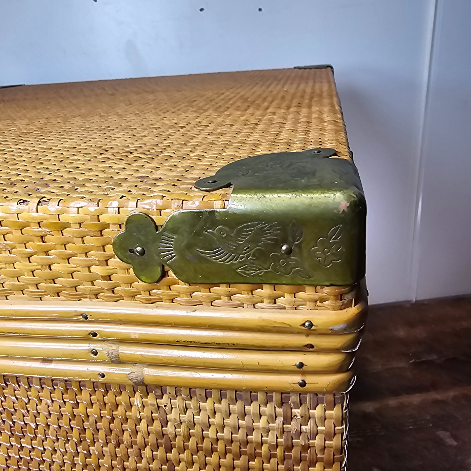 Vintage Wicker & Brass Chinoiserie Chest Trunk From Hong Kong 20"L x 20"W x 21"H