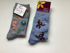 2 PAIRS WOMENS NOVELTY CREW SOCKS MONKEY/FOREST ANIMAL NWT BLUE/GRAY