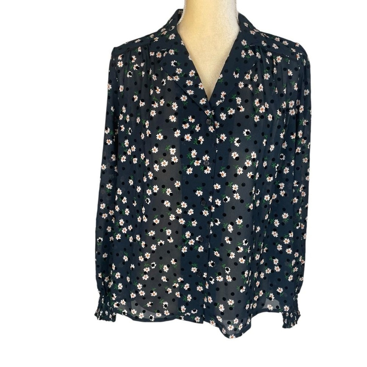 Topshop Daisy Print Blouse Top Black Sheer Size 6 Velvet Dot Topshop Daisy Print Blouse Top Black Sheer Size 6 Velvet Dot