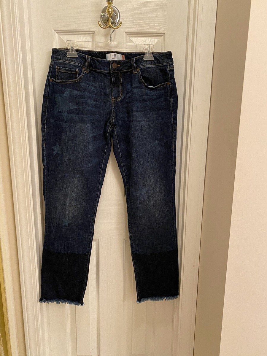 Cabi Slim Boyfriend Jeans Celebrity Wash Star Print Sz 8 Raw Frayed Hem Stretch