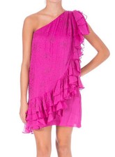 Catherine Malandrino ~ Pink Silk Crystals Ruffles One Shoulder Dress 6 NEW $695