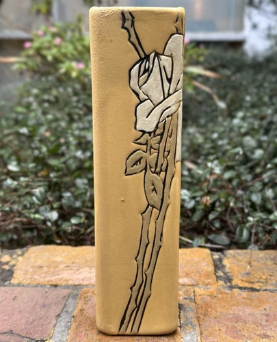 WELLER POTTERY ETCHED MATT 10" VASE WITH ROSES......SIGNED & MINT!