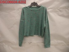 Colsie Women Blue Green Heart Print Fleece Crop Lounge Sweatshirt L 191904803269