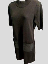CALVIN KLEIN DRESS BLACK SOLID ALL OCCASION KNIT SHORT SLEEVE HIGH NECK A-LINE