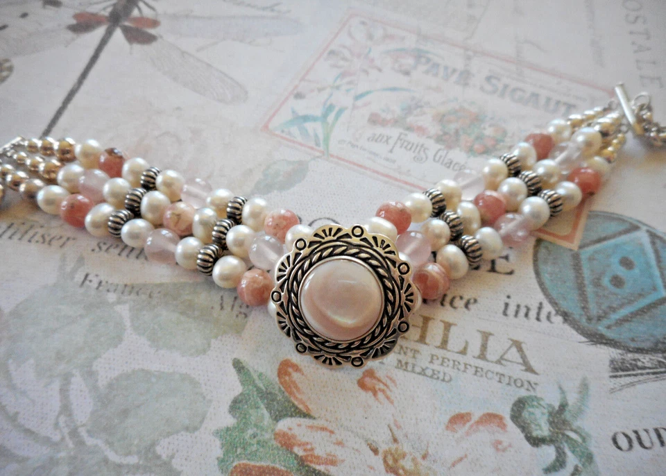 Carolyn Pollack Oxidized Sterling Silver MOP Pink Quartz Bead Bracelet 42CPC - Image 2 of 4