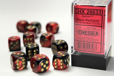 Chessex Gemini Black/Red with Gold 12 Dice Set - 6 Sided 16mm d6 Dice Block