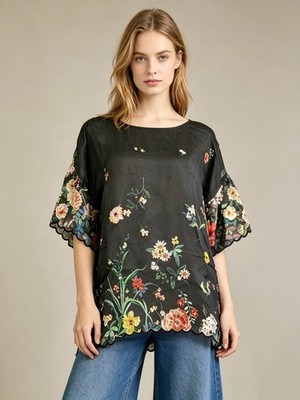NWOT Johnny Was Silk Floral Short Sleeves Top Shirt Blouse Black Size S
