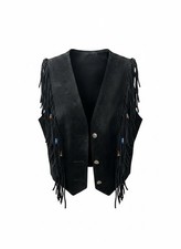 Vtg Black Suede Fringe Vest Boho Cowboy Tassels. Size Small.