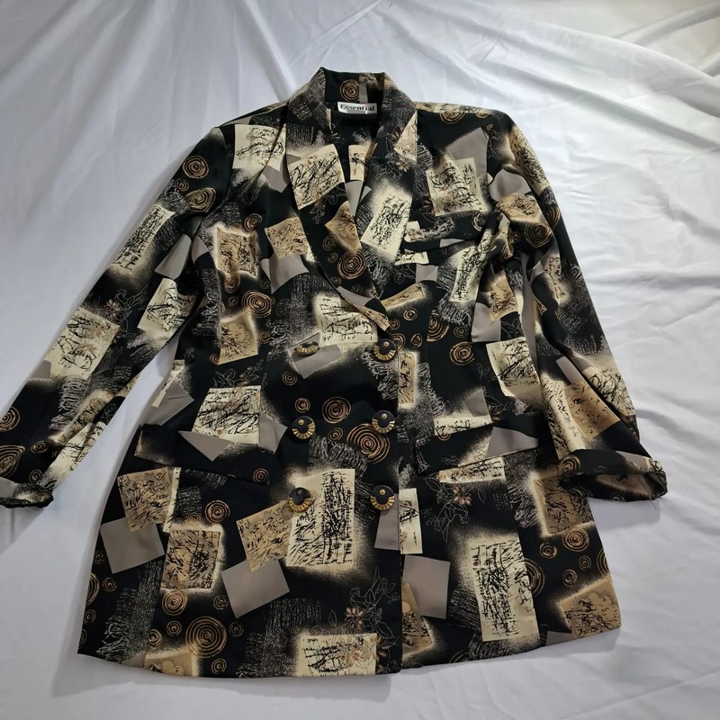 Essential Women Double Breasted Patterned Blazer Size L Black Beige Abstract