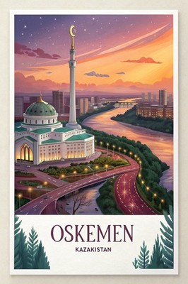 Lebendige Oskemen Kasachstan Reise Poster - Fesselndes Stadtbild Kunstdruck A1-A4
