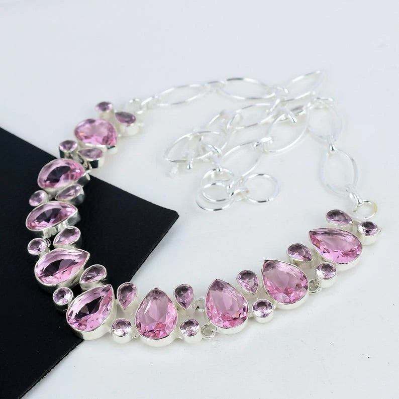 Collar de joyería de plata de ley 925 hecho a mano con piedras preciosas de kuncita rosa tamaño-18" Foto 2 de 4