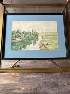 Watercolor painting depicting a riverside landscape with figures & boats