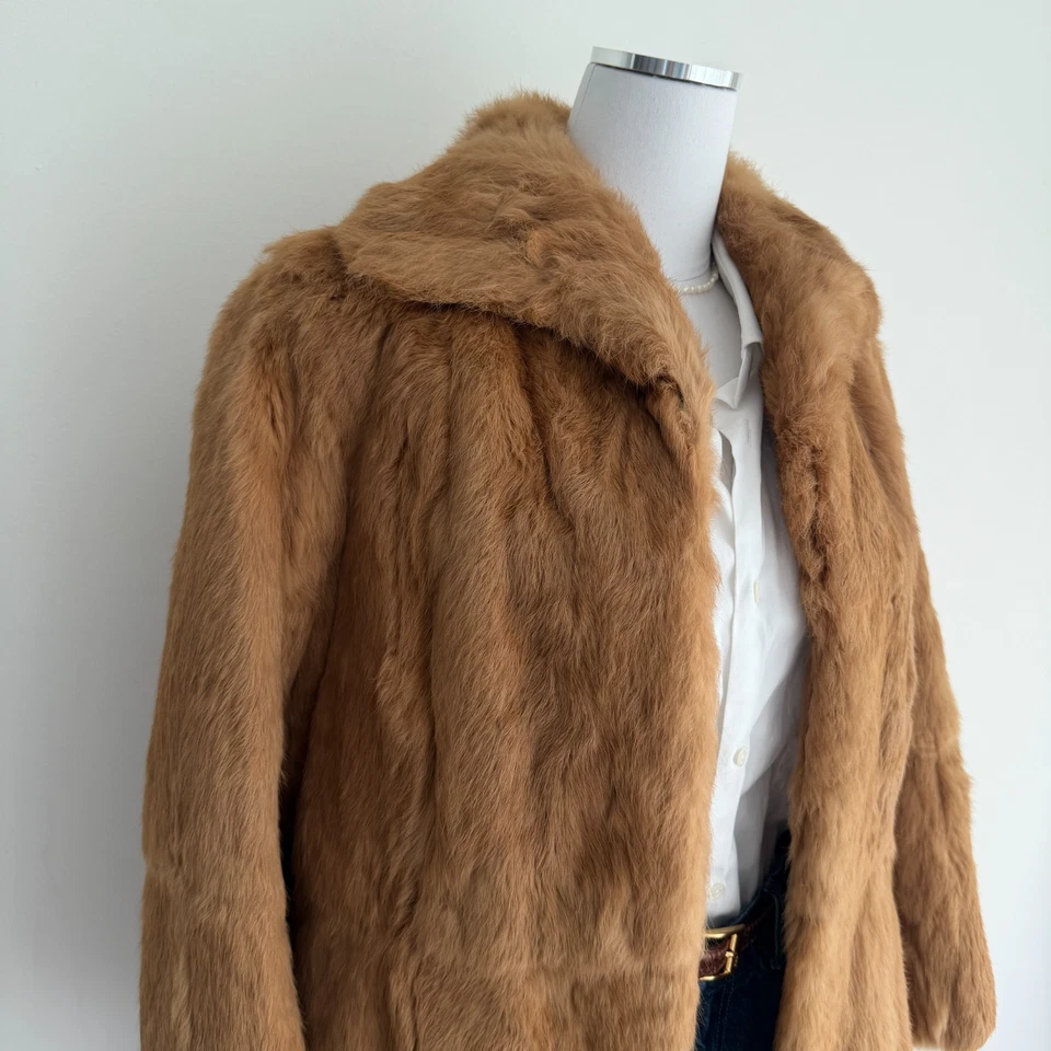 Chaqueta de Colección 100% Piel de Conejo Para Mujer Mediana Marrón Tostado Mob Esposa Años 80 Glam Celeb Foto 2 de 4