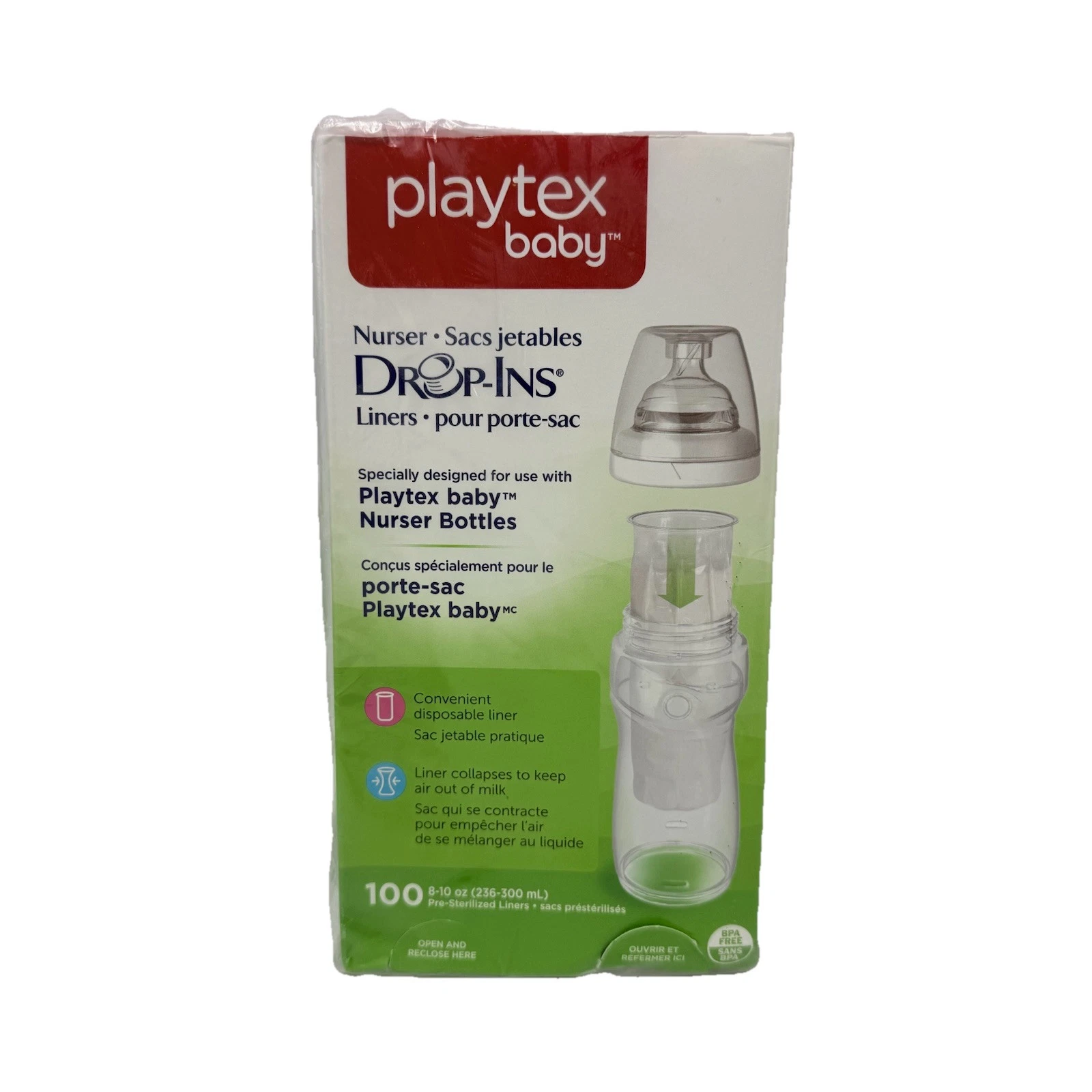 Playtex Drop-ins Nurser Bottles Liners - 8 oz 100 Count NEW in Sealed Box