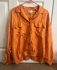 Women  s 100 silk Orange Button-Front Jacket M Point Collar Pockets Vintage