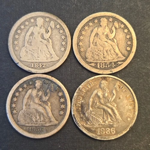 Lot of 4 Seated Liberty 10c Dimes 1842 1854 1856 1886 three types to XF