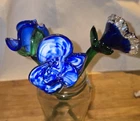 3 Vintage Hand Blown Long Stem Murano Style Art Glass Trio Of Blue Flowers 12”