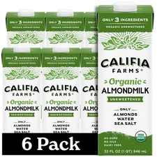 Califia Farms - Organic Unsweetened Almond Milk, 32 Oz (Pack of 6)