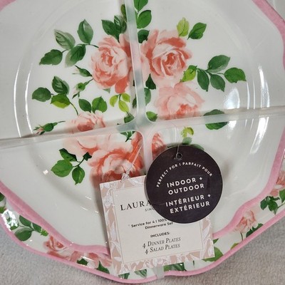8pc Laura Ashley Pink Rose Floral Melamine Salad & Dinner Plate