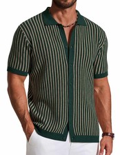 Mens Knit Polo Shirt Short Sleeve Button Down Vintage Striped Breathable Casual