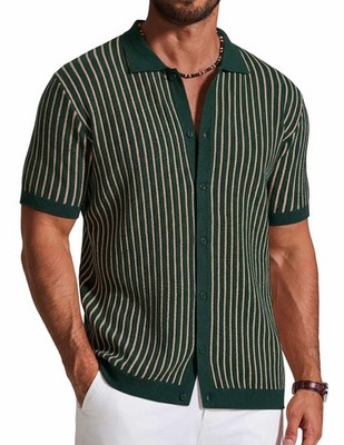 Mens Knit Polo Shirt Short Sleeve Button Down Vintage Striped Breathable Casual