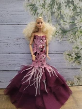 Fashion Royalty Silkstone barbie OOAK Wine Mermaid Dress w/Floral Feather Accent