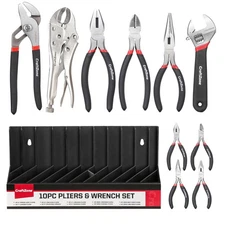 10PC Pliers and Wrench Set with Storage Rack – Includes Locking | Long Nose |...