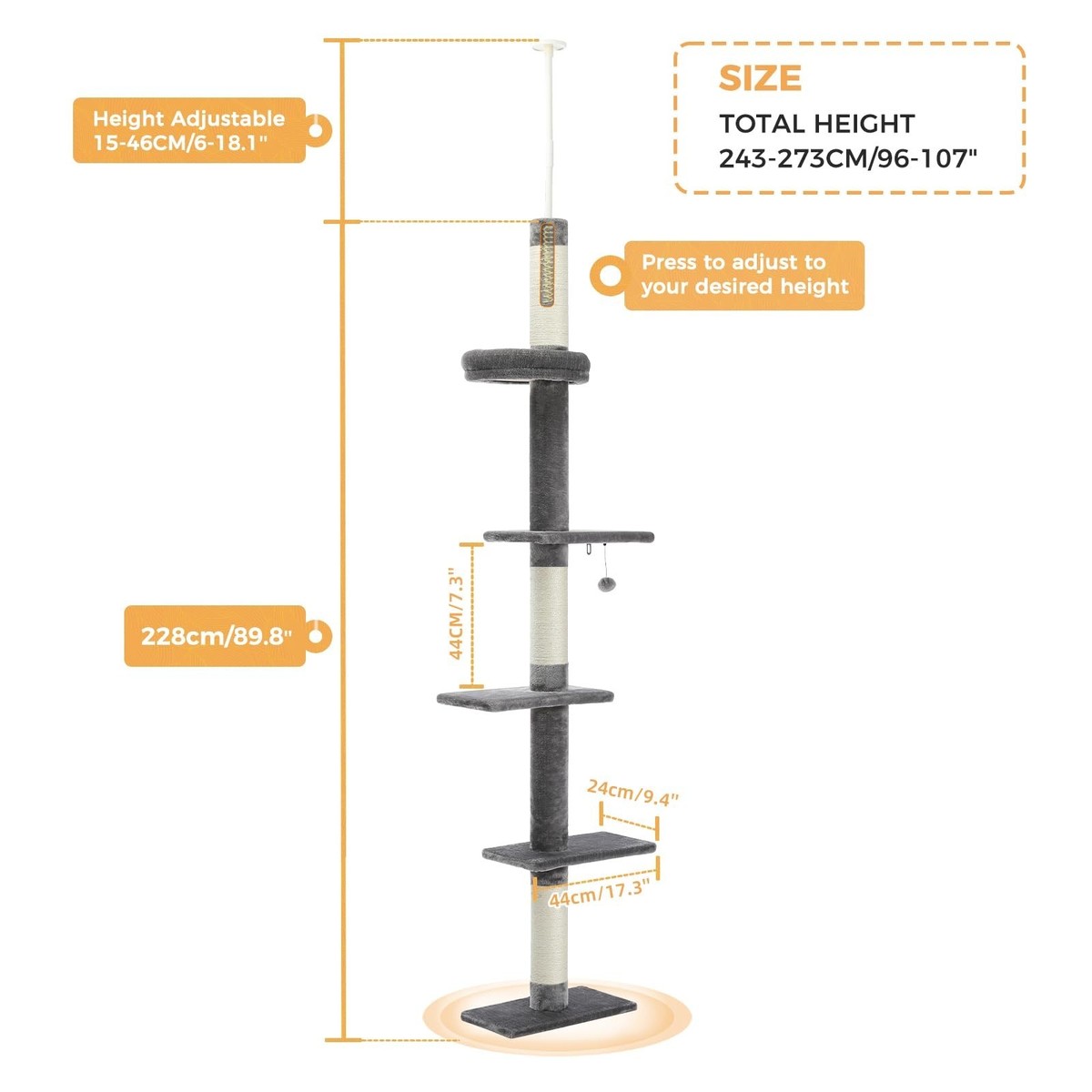 petcha PETEPELA Cat Tower 5-Tier Floor to Ceiling Cat Tree Height