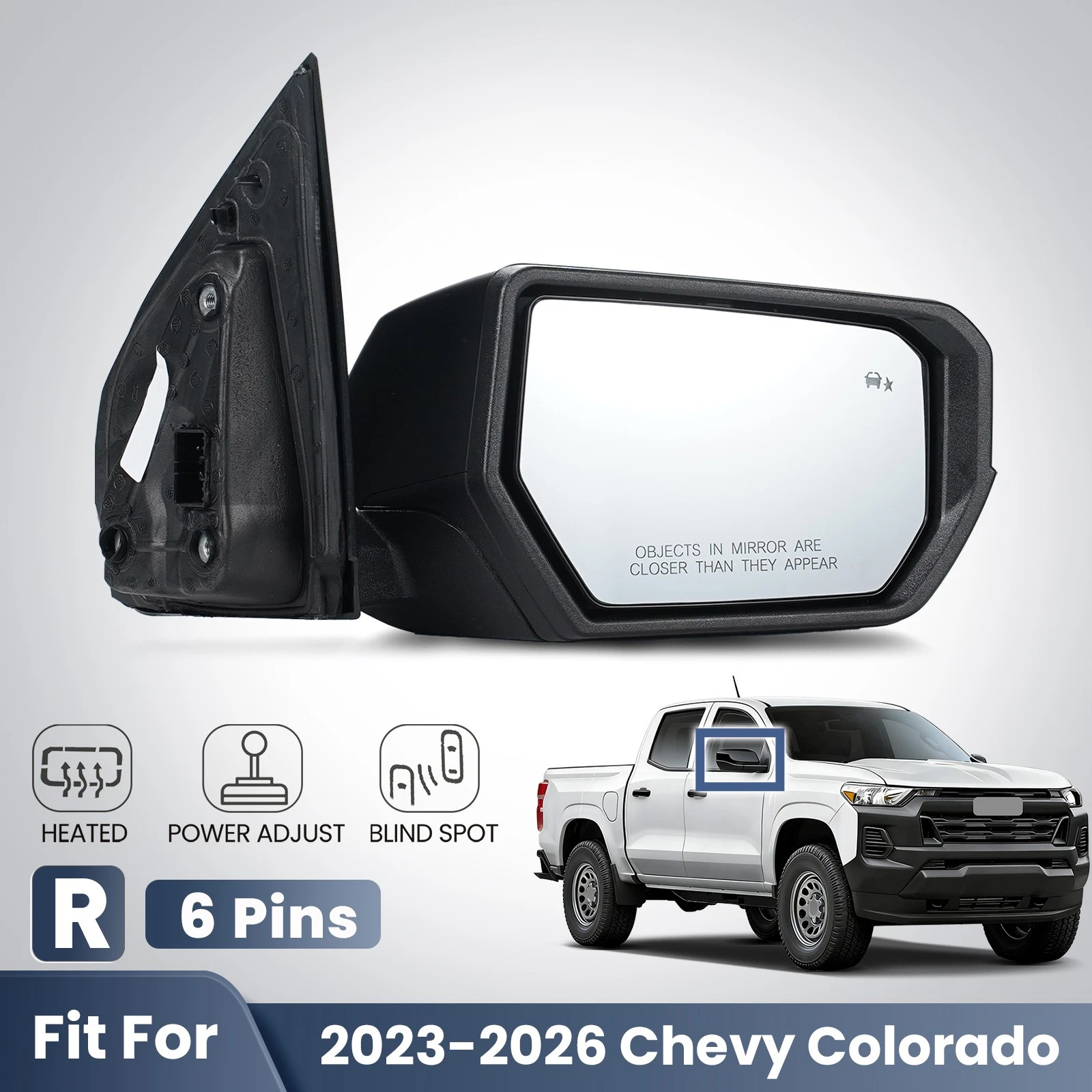 Right Side Mirror For 2023-2026 Chevrolet Colorado W/Heated & Blind Spot 6 Pins