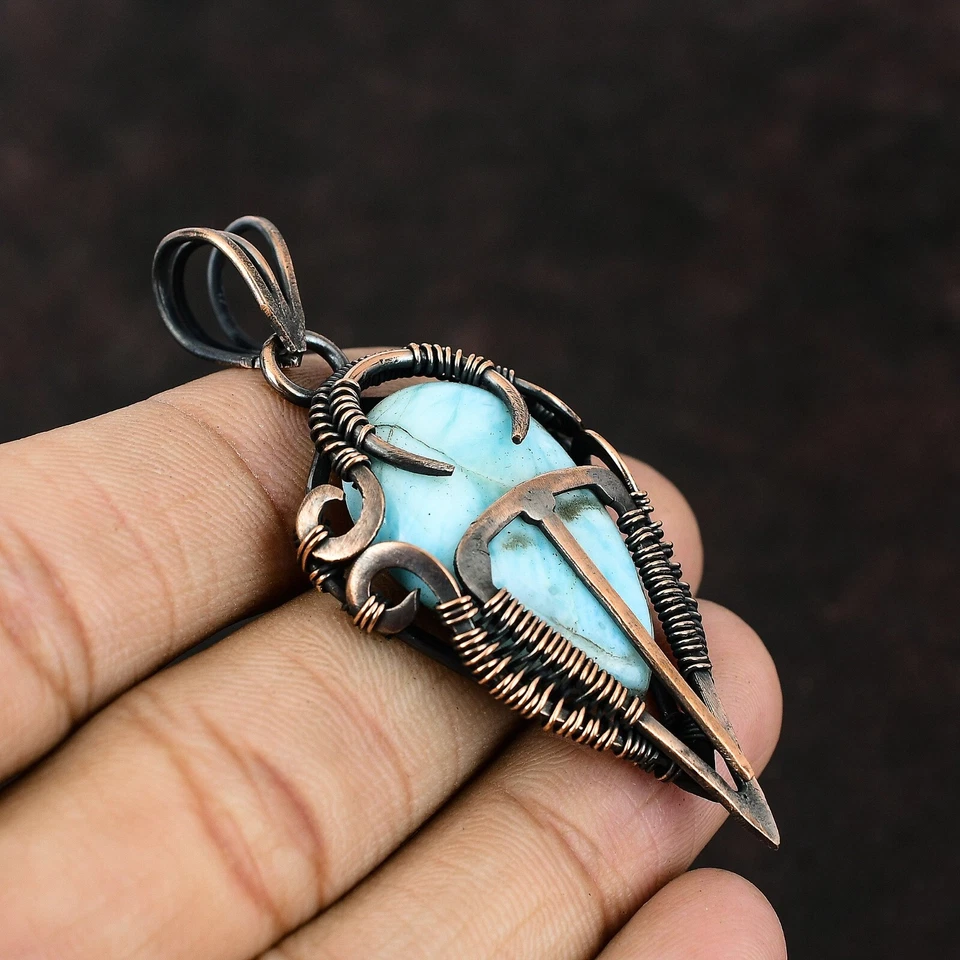 Joyería de piedras preciosas Larimar regalo de cobre para madre alambre envuelto colgante 2,56" Foto 4 de 4