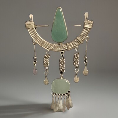 80's Unique Artisan Made Sterling Silver & Aventurine Filigree Boho Chic Brooch