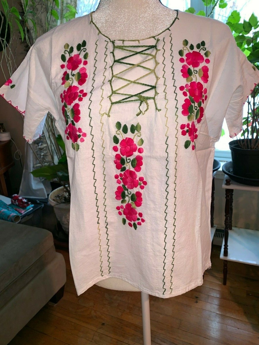 Maya Mexican Blouse Top Shirt Embroidered Floral Flower Tie