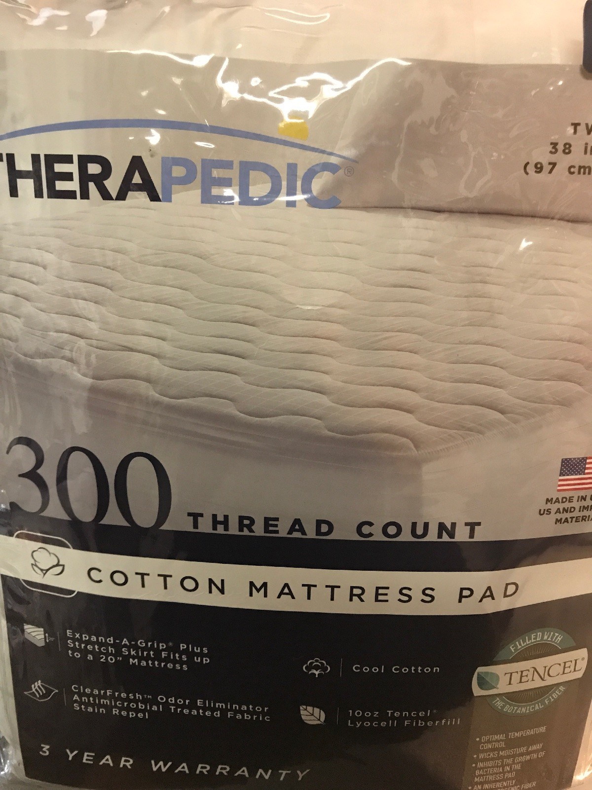 Therapedic 300Thread Count Cotton Tencel Lyocell Mattress Pad Twin XL