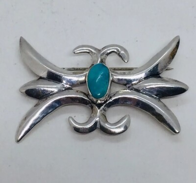 Navajo Native American Sterling Silver Blue Turquoise Sandcast Pin