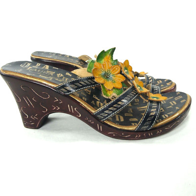 Laura Vita Paris Collection Shoes Women's 7.5 Floral Flower Wedge Faux Wood
